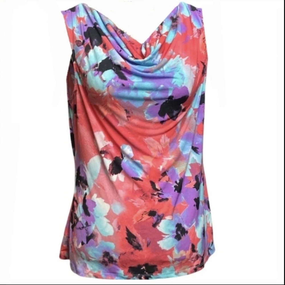 Tahari Women's ASL Theresa Pink Purple Blue Abstract Cowl Tank 1X Spring Easter